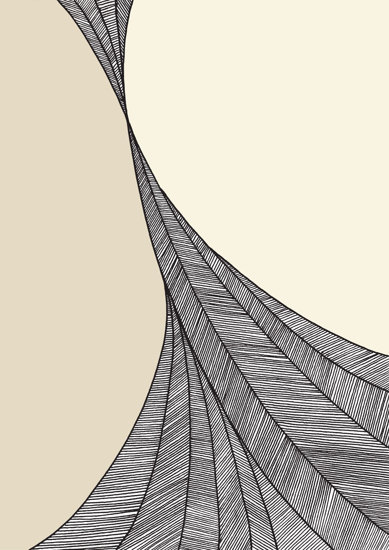 Abstract art of stretched black and white lines over pale natural green hues