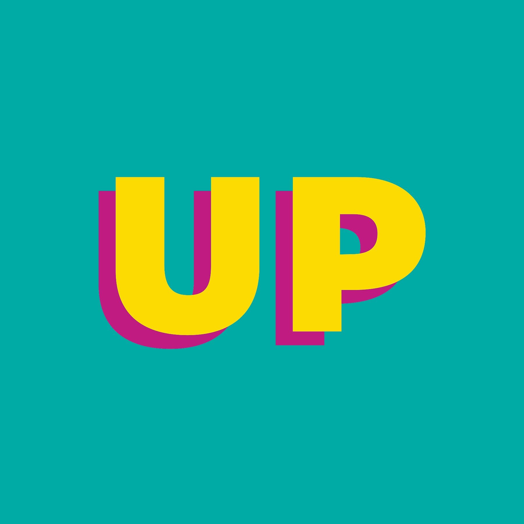 Vivid coloured typographic print saying 'UP'