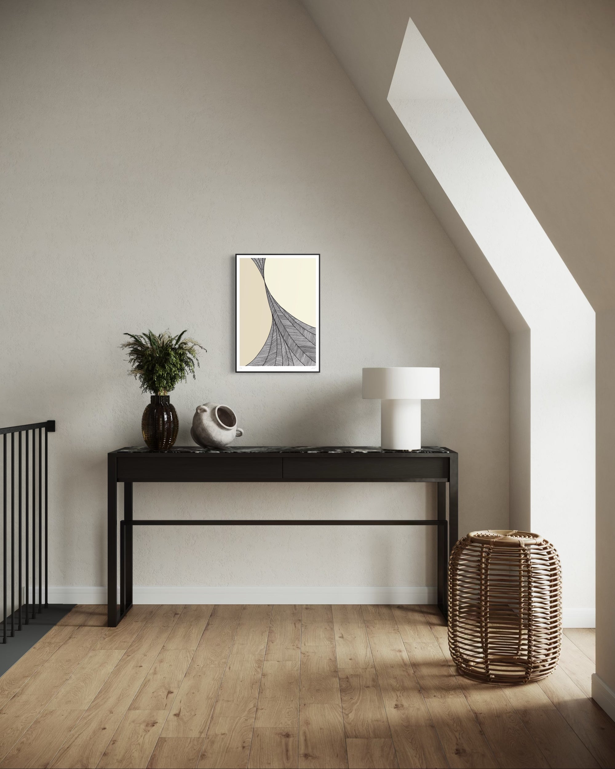Modern interior with a black console table, decorative items, and a framed abstract art piece on a light gray wall.