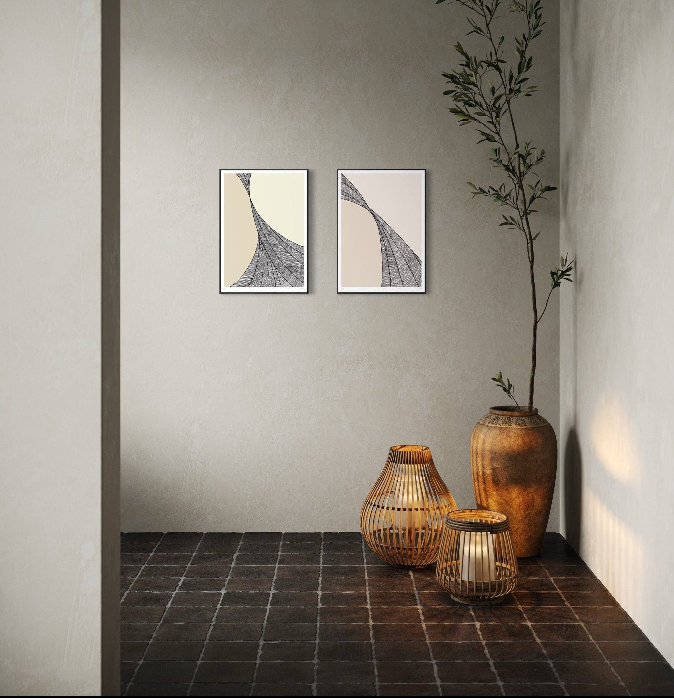 Decorative setting with wall art, vases, and a plant on a dark tiled floor.