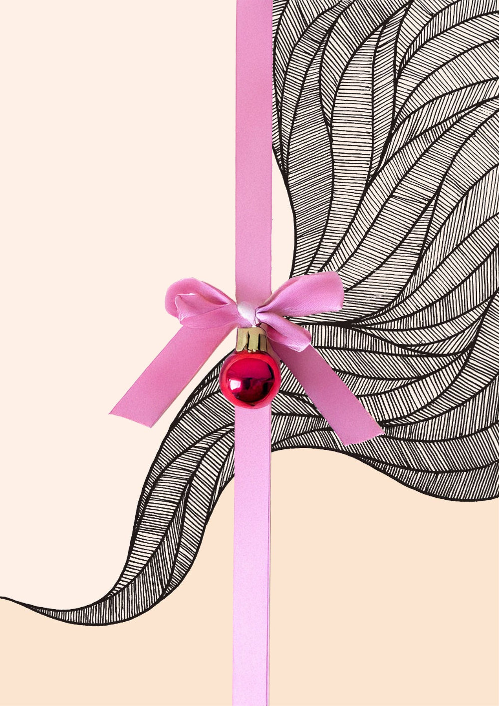 Abstract art with flowing, fine black lines, with a pink present bow overlaid on top