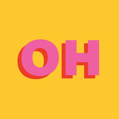 Yellow and pink brightly coloured typographic print saying 'OH'